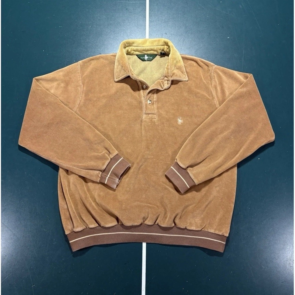 Vintage 80s Velour Pullover Polo Sweater Men's Medium Brown Tan Ribbed Preppy